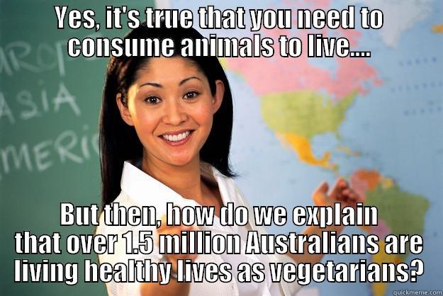 YES, IT'S TRUE THAT YOU NEED TO CONSUME ANIMALS TO LIVE.... BUT THEN, HOW DO WE EXPLAIN THAT OVER 1.5 MILLION AUSTRALIANS ARE LIVING HEALTHY LIVES AS VEGETARIANS? Unhelpful High School Teacher