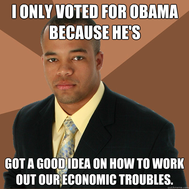 I only voted for obama because he's got a good idea on how to work out our economic troubles.   Successful Black Man