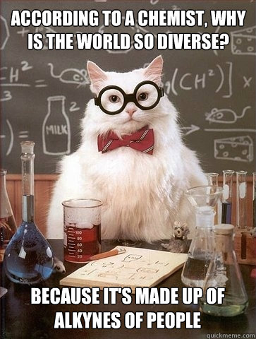 According to a chemist, why is the world so diverse?  Because it's made up of alkynes of people  Chemistry Cat