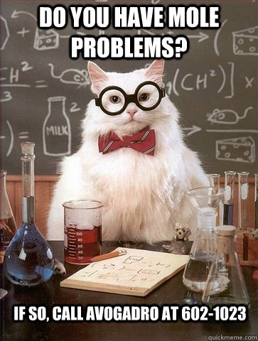 Do you have mole problems?  If so, call Avogadro at 602-1023  Chemistry Cat