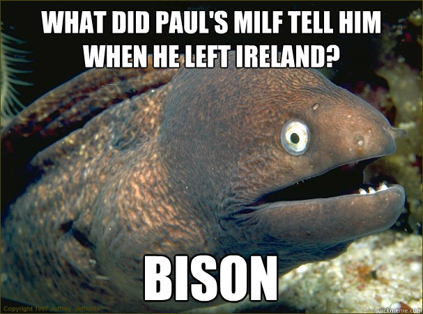 What did Paul's milf tell him when he left Ireland? bison - What did Paul's milf tell him when he left Ireland? bison  Bad Joke Eel