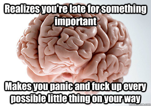 Realizes you're late for something important Makes you panic and fuck up every possible little thing on your way  Scumbag Brain