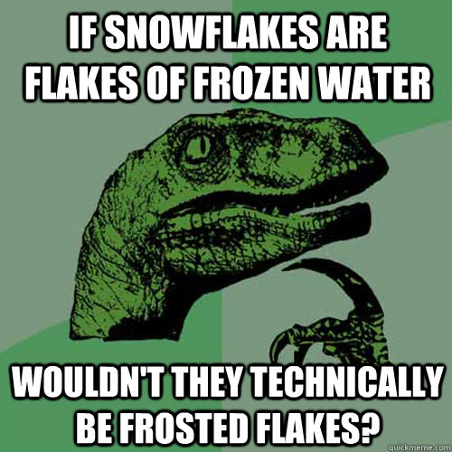 If snowflakes are flakes of frozen water Wouldn't they technically be frosted flakes? - If snowflakes are flakes of frozen water Wouldn't they technically be frosted flakes?  Philosoraptor