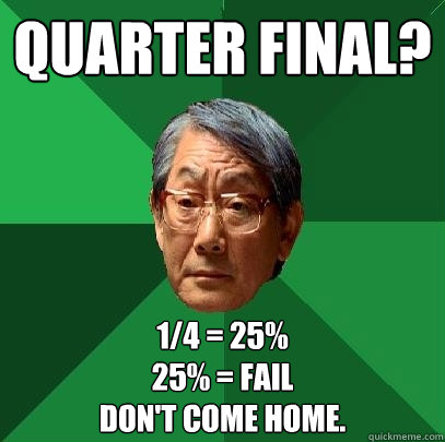 Quarter Final? 1/4 = 25%
25% = Fail
Don't come home. - Quarter Final? 1/4 = 25%
25% = Fail
Don't come home.  High Expectations Asian Father