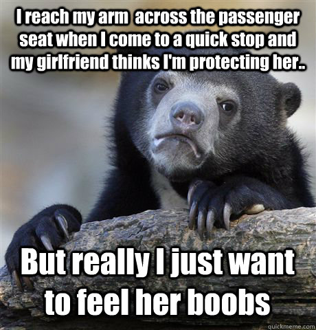 I reach my arm  across the passenger seat when I come to a quick stop and my girlfriend thinks I'm protecting her.. But really I just want to feel her boobs  Confession Bear