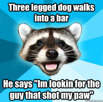 Three legged dog walks into a bar He says 