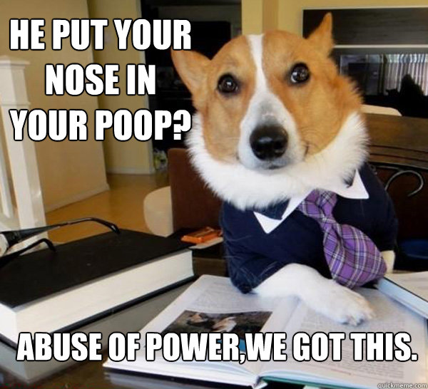 He put your nose in your poop? abuse of power,We got this.  Lawyer Dog