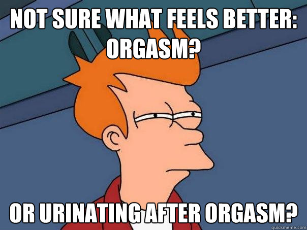 Not sure what feels better:
Orgasm? Or urinating after orgasm?  Futurama Fry