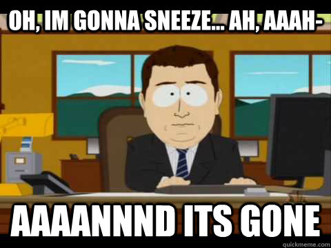 Oh, im gonna sneeze... ah, aaah- Aaaannnd its gone - Oh, im gonna sneeze... ah, aaah- Aaaannnd its gone  Aaand its gone