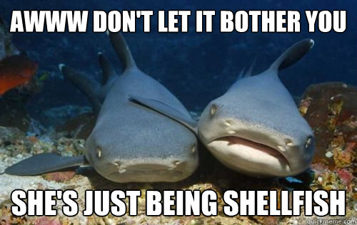 Awww don't let it bother you she's just being shellfish - Awww don't let it bother you she's just being shellfish  Compassionate Shark Friend