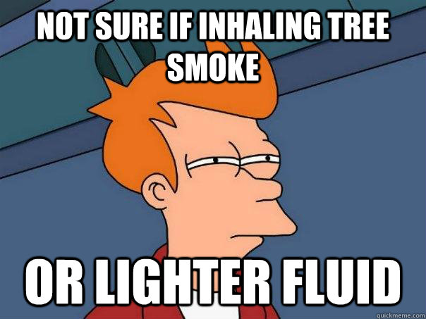 not sure if inhaling tree smoke or lighter fluid  Futurama Fry