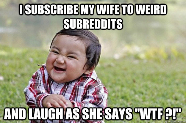 I subscribe my wife to weird subreddits and laugh as she says 