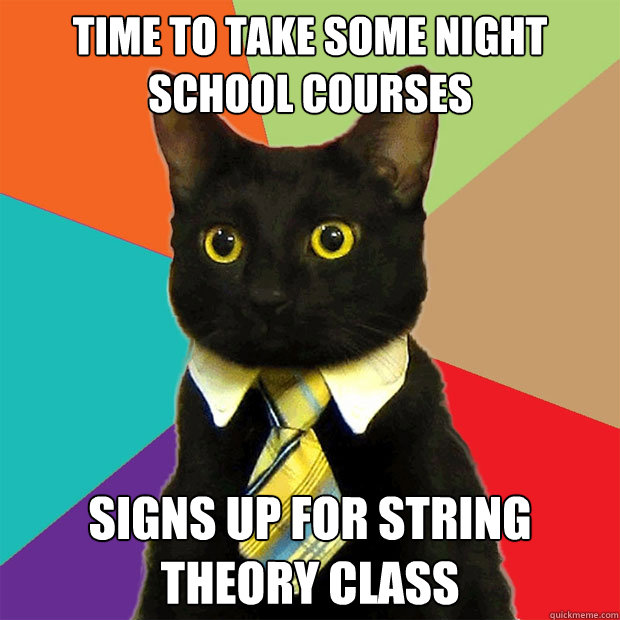 time to take some night school courses signs up for string theory class  Business Cat