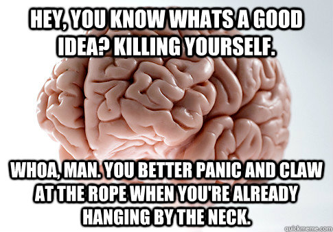 hey, you know whats a good idea? killing yourself. whoa, man. you better panic and claw at the rope when you're already hanging by the neck.   Scumbag Brain