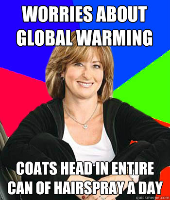 Worries about global warming Coats head in entire can of hairspray a day - Worries about global warming Coats head in entire can of hairspray a day  Sheltering Suburban Mom