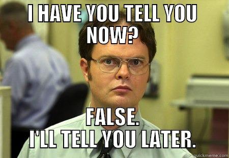 Slon Schrute - I HAVE YOU TELL YOU NOW? FALSE. I'LL TELL YOU LATER. Schrute