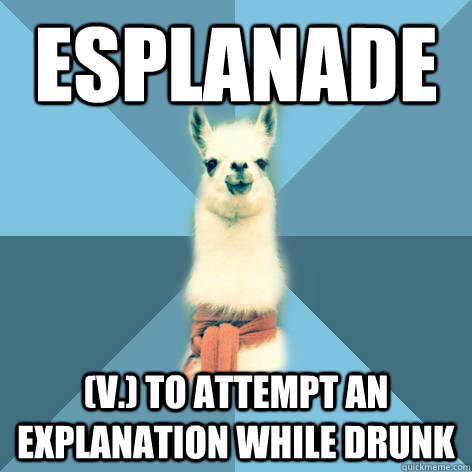 ESPLANADE (v.) To attempt an explanation while drunk - ESPLANADE (v.) To attempt an explanation while drunk  Linguist Llama