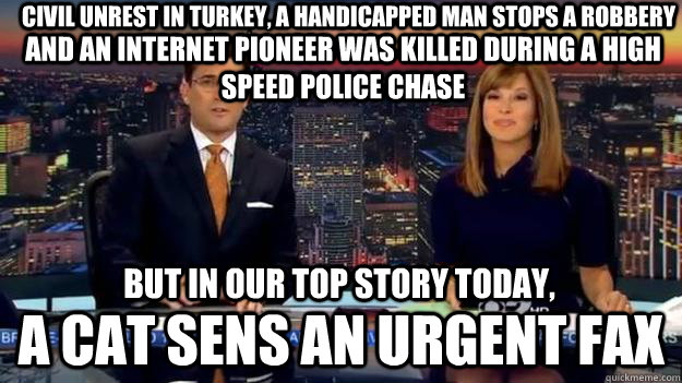 Civil unrest in turkey, a handicapped man stops a robbery  a cat sens an urgent fax and an internet pioneer was killed during a high speed police chase but in our top story today, - Civil unrest in turkey, a handicapped man stops a robbery  a cat sens an urgent fax and an internet pioneer was killed during a high speed police chase but in our top story today,  Misc