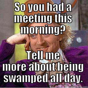 Morning meeting - SO YOU HAD A MEETING THIS MORNING? TELL ME MORE ABOUT BEING SWAMPED ALL DAY. Condescending Wonka