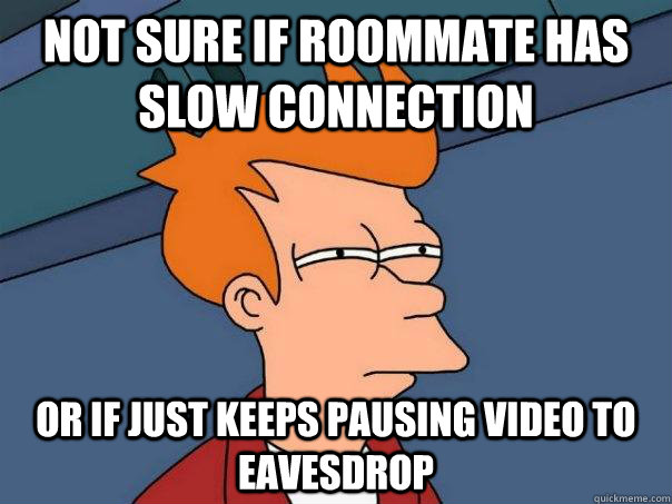 Not sure if roommate has slow connection or if just keeps pausing video to eavesdrop  - Not sure if roommate has slow connection or if just keeps pausing video to eavesdrop   Futurama Fry