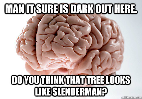 Man it sure is dark out here. Do you think that tree looks like Slenderman?  Scumbag Brain