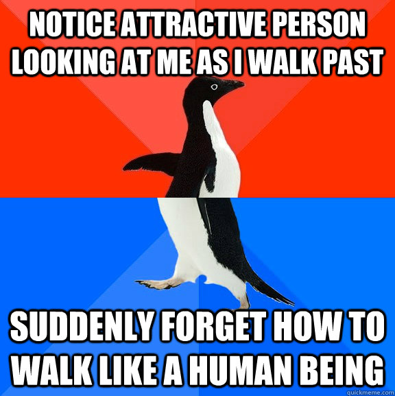 notice attractive person looking at me as I walk past suddenly forget how to walk like a human being  Socially Awesome Awkward Penguin