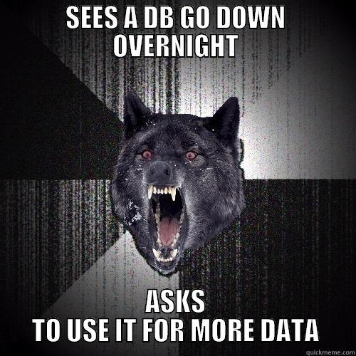 SEES A DB GO DOWN OVERNIGHT ASKS TO USE IT FOR MORE DATA Insanity Wolf