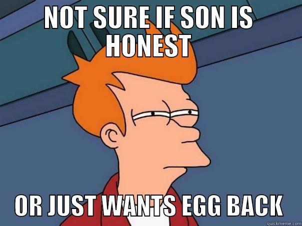 NOT SURE IF SON IS HONEST     OR JUST WANTS EGG BACK    Futurama Fry