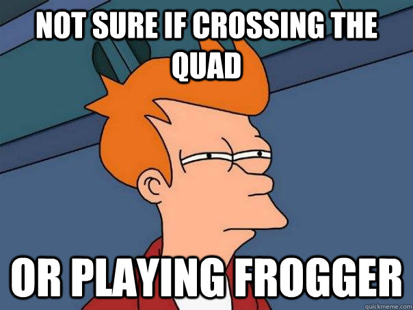 Not sure if crossing the Quad Or playing Frogger  Futurama Fry