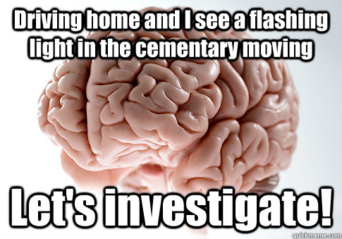 Driving home and I see a flashing light in the cementary moving Let's investigate!  Scumbag Brain