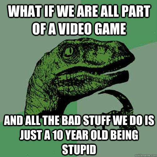 What if we are all part of a video game and all the bad stuff we do is just a 10 year old being stupid  Philosoraptor