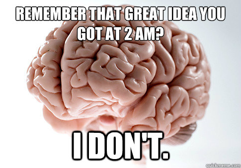 Remember that great idea you got at 2 AM?
 I DON'T. - Remember that great idea you got at 2 AM?
 I DON'T.  Scumbag Brain