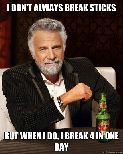 i don't always break sticks BUT WHEN I DO, I break 4 in one day  Dos Equis man