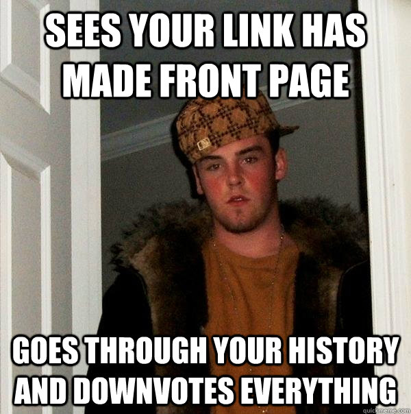 Sees your link has made front page goes through your history and downvotes everything  Scumbag Steve