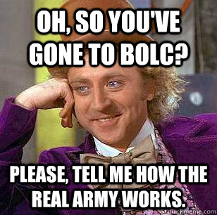 Oh, so you've gone to bolc? Please, tell me how the real army works.  Condescending Wonka