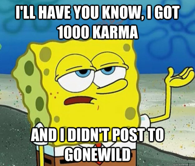 I'll have you know, i got 1000 karma and i didn't post to gonewild  Tough Spongebob