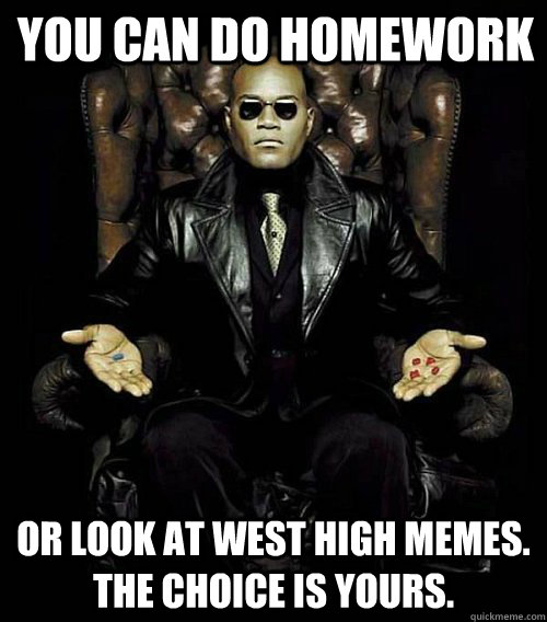 You can do homework or look at west high memes. the choice is yours.  Morpheus