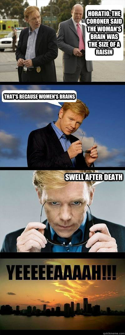 horatio, the coroner said the woman's brain was the size of a raisin that's because women's brains swell after death  Horatio Caine