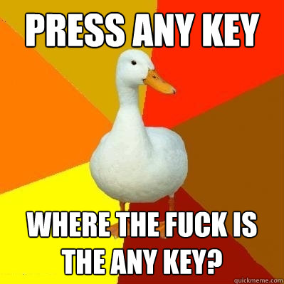 press any key where the fuck is the any key?  Tech Impaired Duck