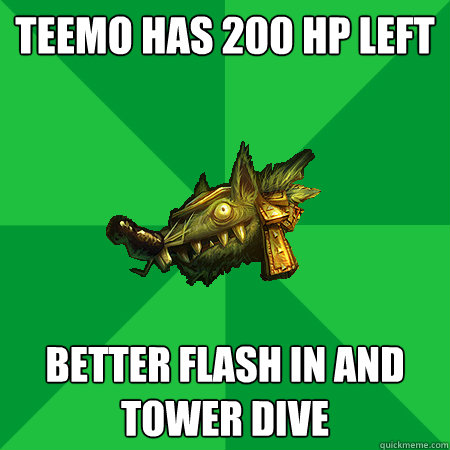 Teemo has 200 hp left Better flash in and tower dive  Bad LoL Player