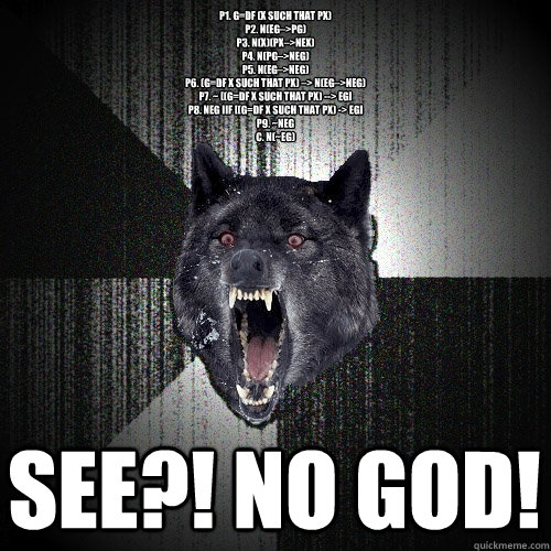 P1. g=Df (x such that Px)
P2. N(Eg–>Pg)
P3. N(x)(Px–>NEx)
P4. N(Pg–>NEg)
P5. N(Eg–>NEg)
P6. (g=Df x such that Px) –> N(Eg–>NEg)
P7. ~ [(g=Df x such that Px) --> Eg]
P8. NEg iif [(g=Df x such that Px) -> Eg]
P9. ~NEg
C.   Insanity Wolf