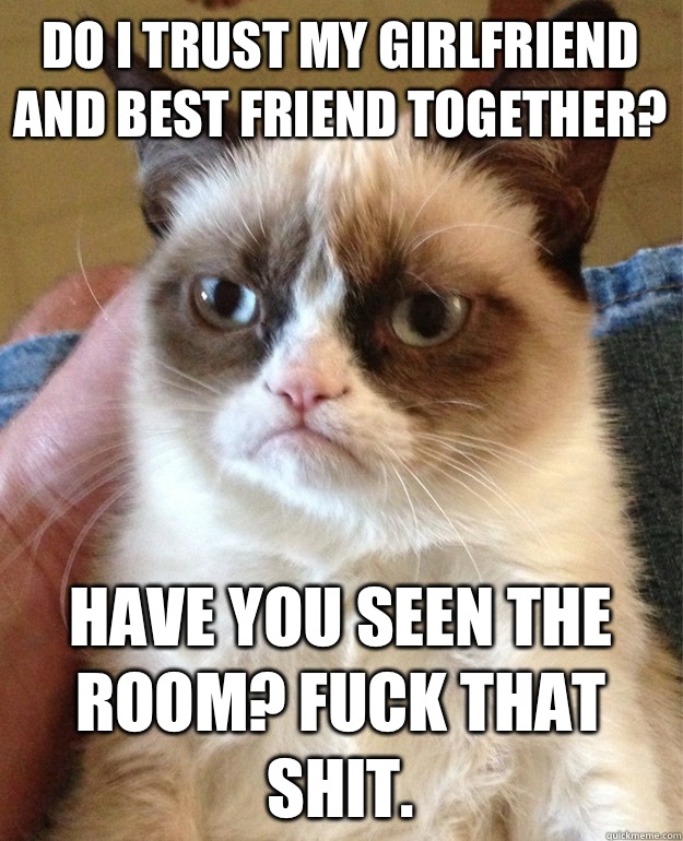 Do I trust my girlfriend and best friend together? Have you seen The Room? Fuck that shit.  Grumpy Cat