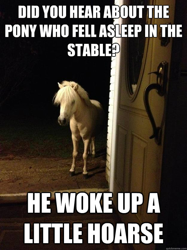 Did you hear about the pony who fell asleep in the stable? He woke up a little hoarse  Neighborhood Nuisance