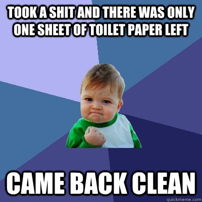 took a shit and there was only one sheet of toilet paper left  came back clean  Success Kid