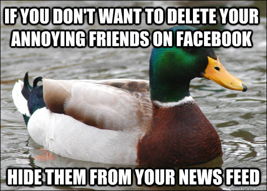 If you don't want to delete your annoying friends on facebook Hide them from your news feed - If you don't want to delete your annoying friends on facebook Hide them from your news feed  Actual Advice Mallard