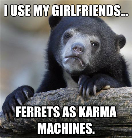 I use my girlfriends... Ferrets as karma Machines.  Confession Bear