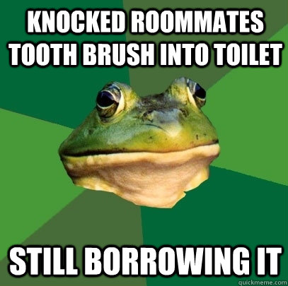 Knocked roommates tooth brush into toilet still borrowing it - Knocked roommates tooth brush into toilet still borrowing it  Foul Bachelor Frog