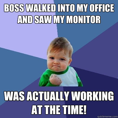 Boss walked into my office and saw my monitor was actually working at the time!  Success Kid