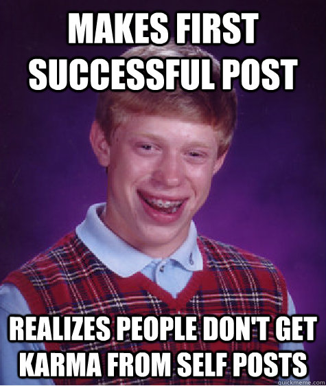 Makes first successful post realizes people don't get karma from self posts  Bad Luck Brian