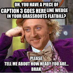 OH, YOU HAVE A PIECE OF WATERMELON TOURMALINE WEDGE IN YOUR GRASSROOTS FLATBILL? PLEASE, 
TELL ME ABOUT HOW HEADY YOU ARE...
BRAH. Caption 3 goes here  Condescending Wonka